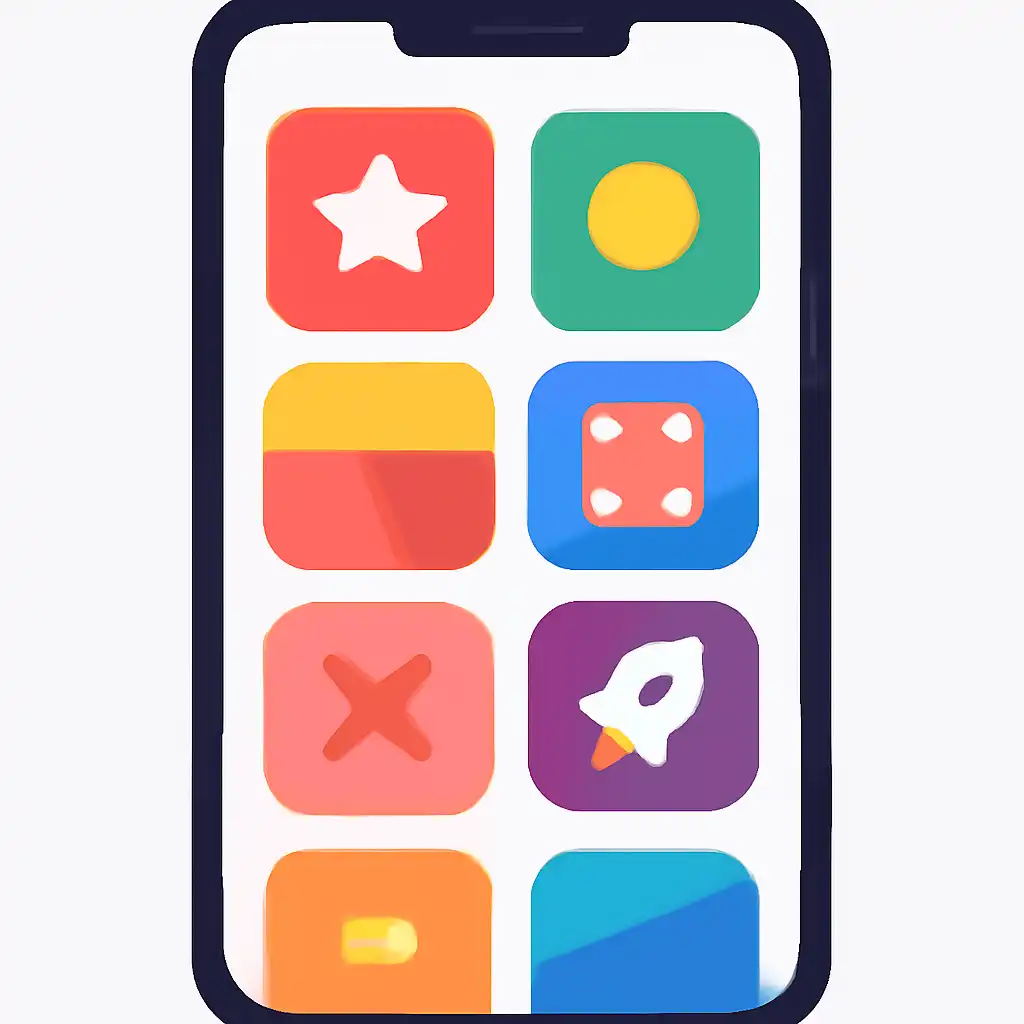 Smartphone shown from the front displaying a colourful flat layout of abstract game icons and rounded tiles (no text, no letters, no labels), 92 Game