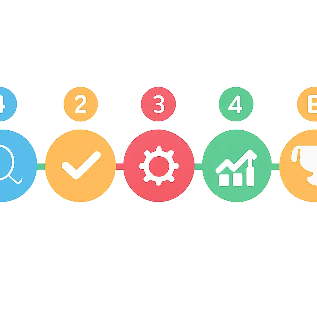Five numbered circular icons connected by arrows in a horizontal flow, flat illustration, icons only, no words, 92 Game steps